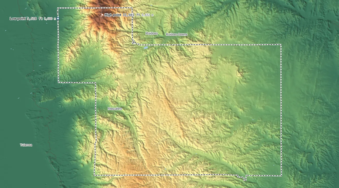 Topographic elevation map of Mescalero Reservation, New Mexico, shaded from 5,510 ft on the northwest side to 11,981 ft on Sierra Blanca Peak