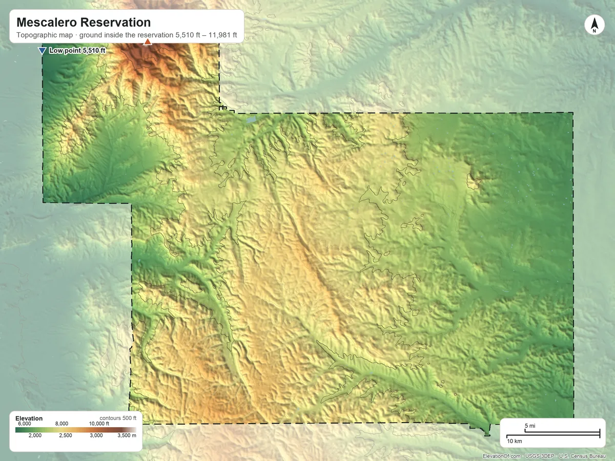 Topographic elevation map of Mescalero Reservation, New Mexico, shaded from 5,510 ft on the northwest side to 11,981 ft on Sierra Blanca Peak