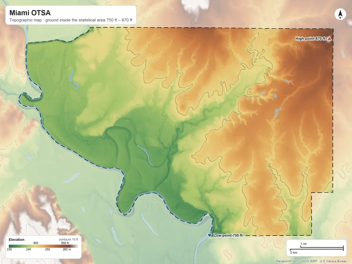 Topographic elevation map of Miami OTSA, Oklahoma, shaded from 750 ft on the south side to 870 ft on the northeast side