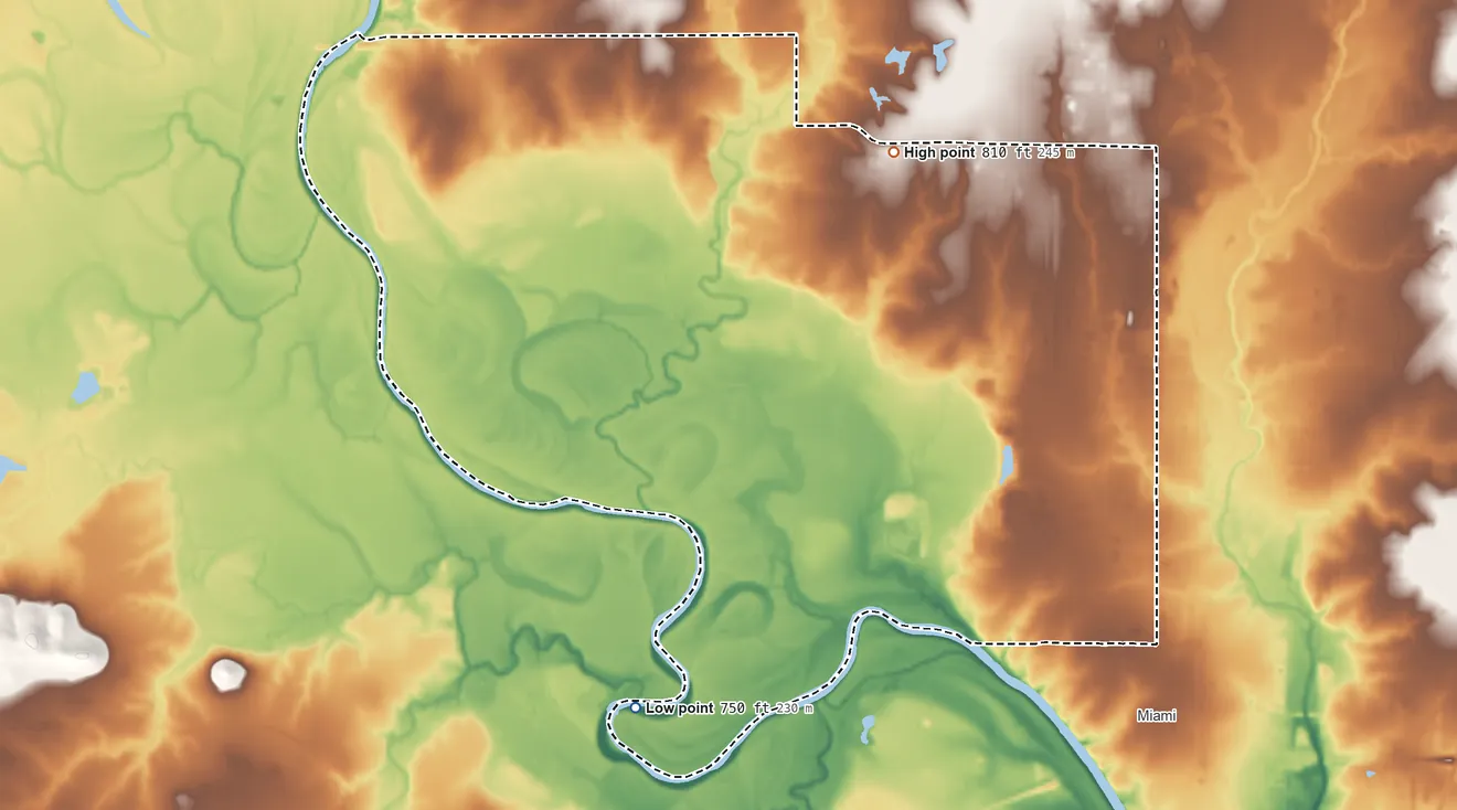 Topographic elevation map of Miami/Peoria joint-use OTSA, Oklahoma, shaded from 750 ft on the south side to 810 ft on the northeast side