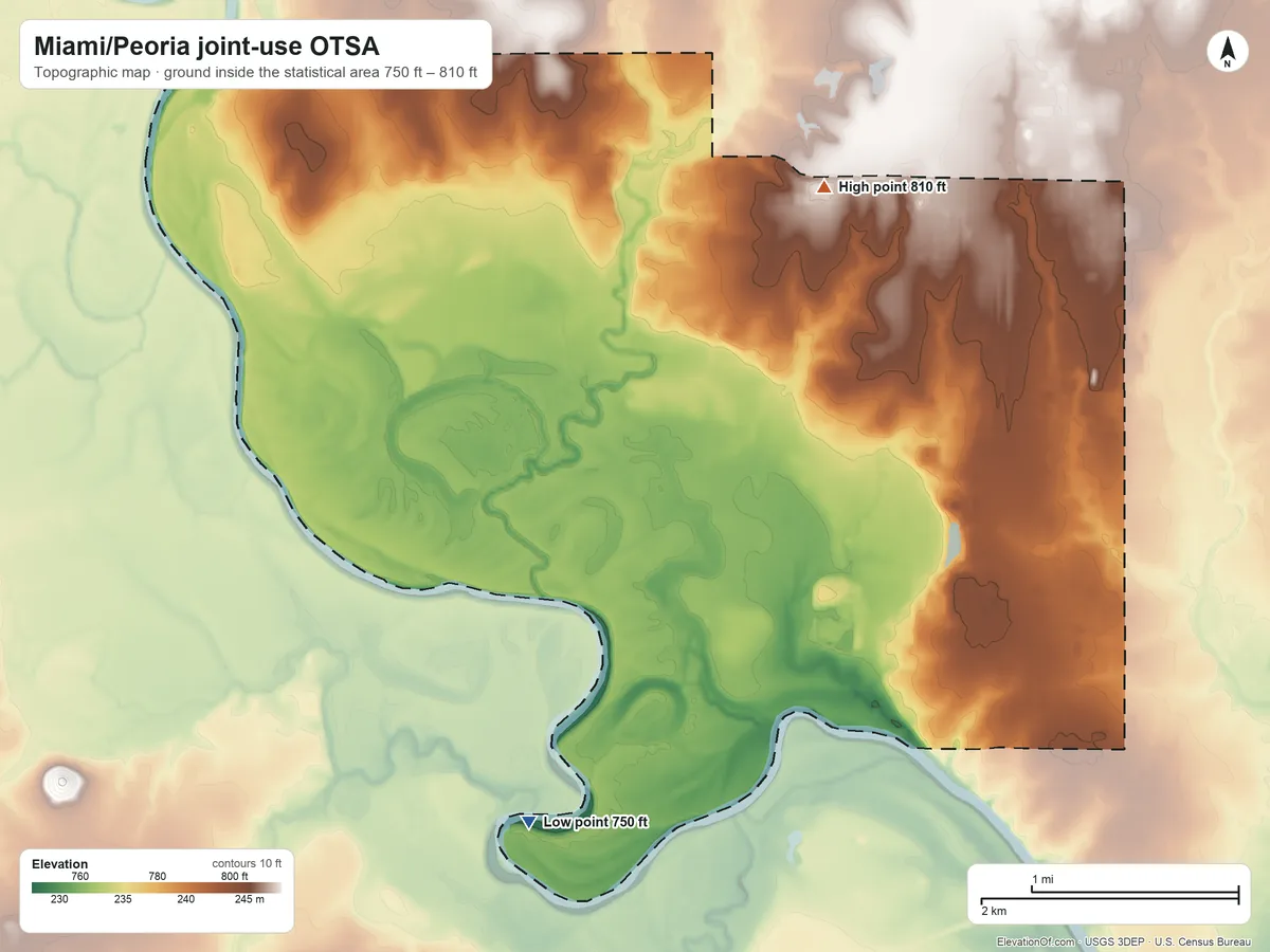 Topographic elevation map of Miami/Peoria joint-use OTSA, Oklahoma, shaded from 750 ft on the south side to 810 ft on the northeast side