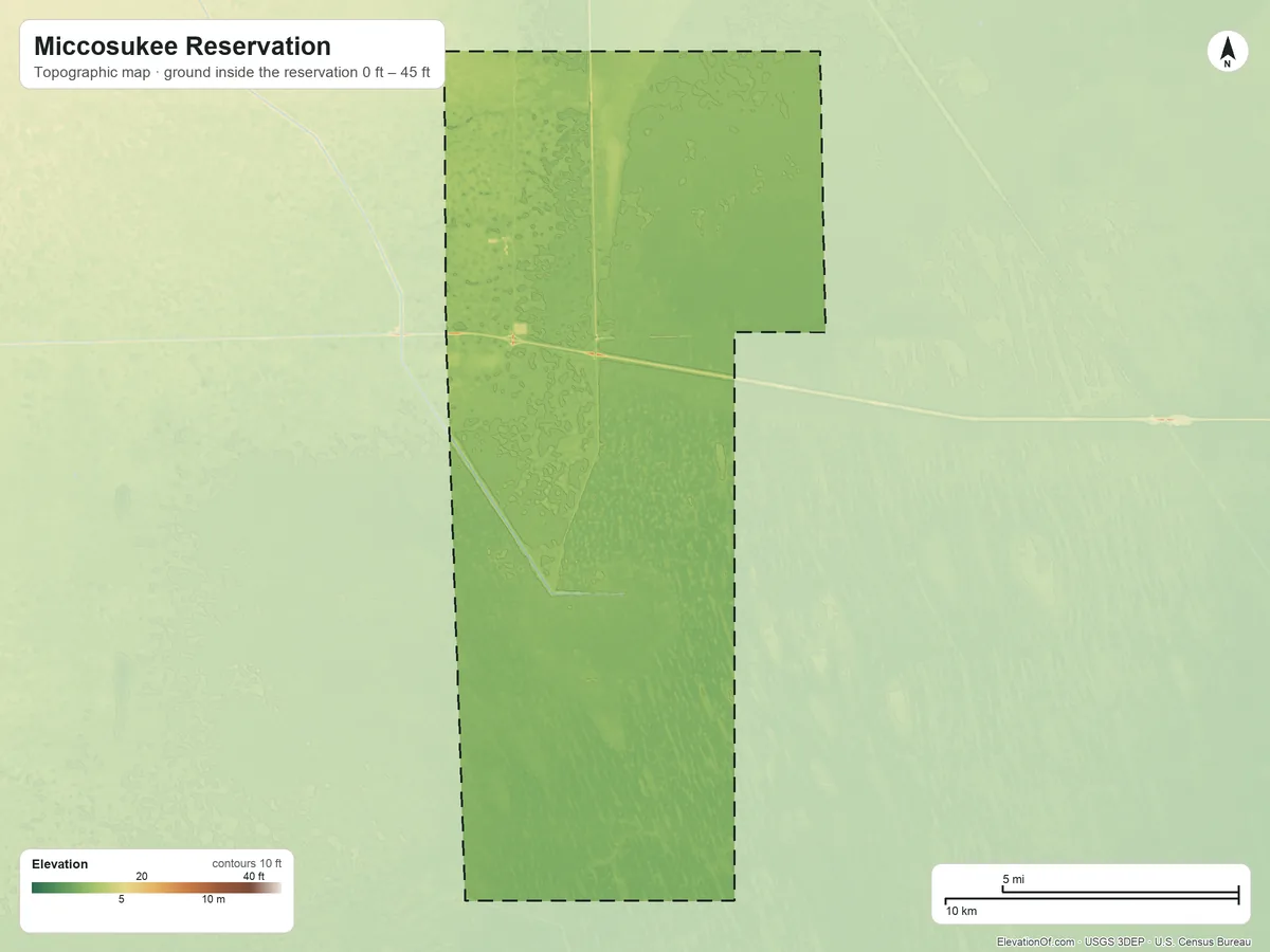 Topographic elevation map of Miccosukee Reservation, Florida, shaded from 0 ft on the south side to 45 ft on the north side