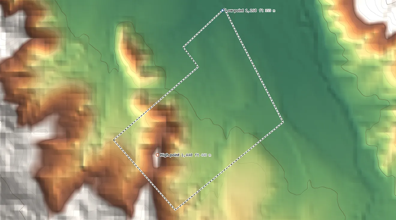Topographic elevation map of Middletown Rancheria, California, shaded from 1,160 ft on the north side to 1,440 ft on the southwest side