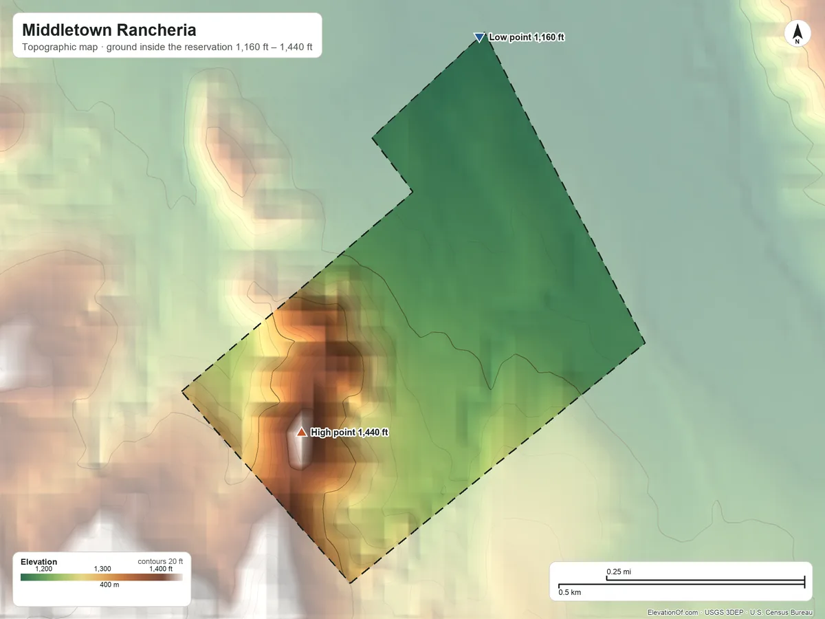 Topographic elevation map of Middletown Rancheria, California, shaded from 1,160 ft on the north side to 1,440 ft on the southwest side