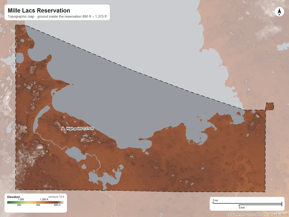 Topographic elevation map of Mille Lacs Reservation, Minnesota, shaded from 880 ft on the east side to 1,370 ft on the west side
