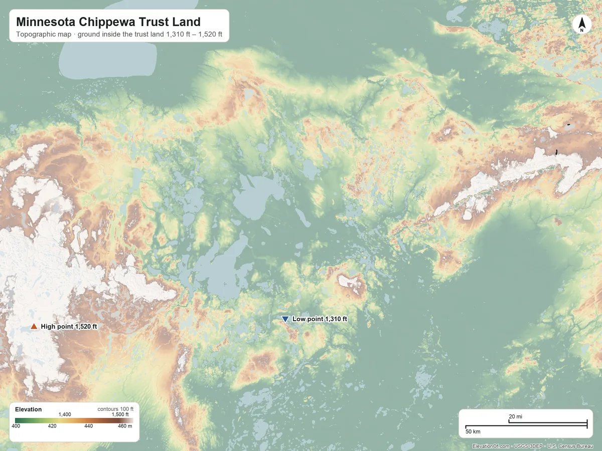 Topographic elevation map of Minnesota Chippewa Trust Land, Minnesota, shaded from 1,310 ft on the south side to 1,520 ft on the west side