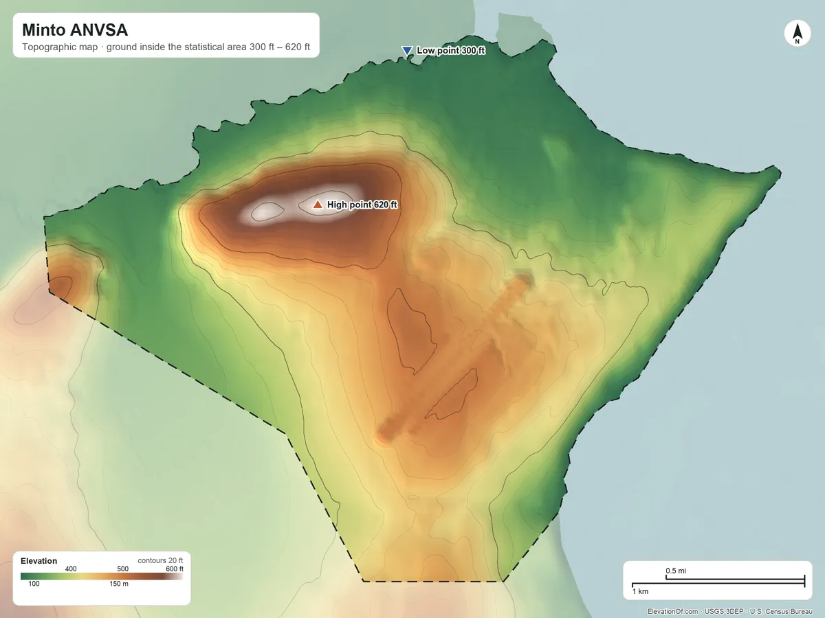 Topographic elevation map of Minto ANVSA, Alaska, shaded from 300 ft on the north side to 620 ft on the northwest side