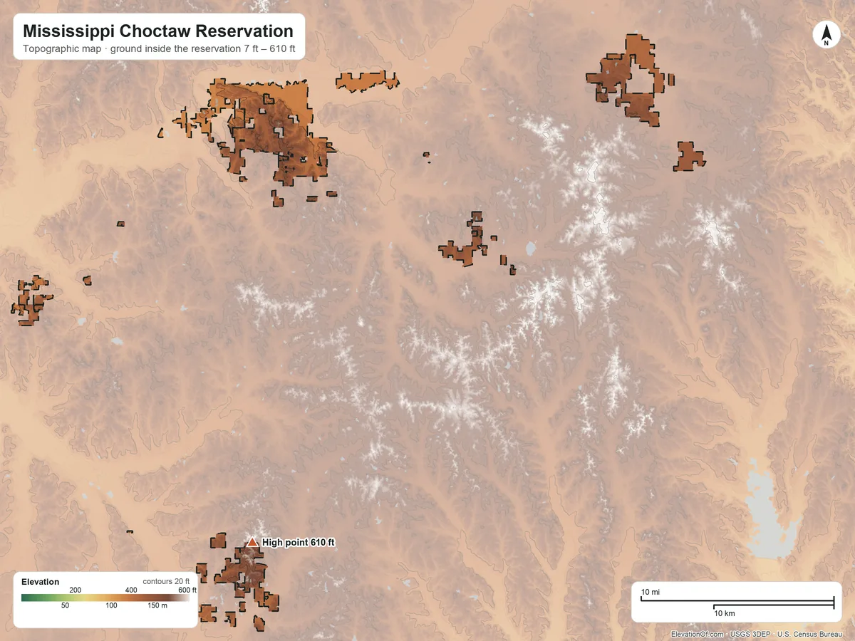 Topographic elevation map of Mississippi Choctaw Reservation, Mississippi, shaded from 7 ft on the south side to 610 ft on the southwest side