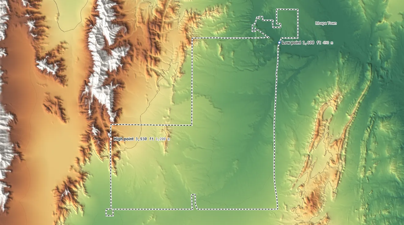 Topographic elevation map of Moapa River Indian Reservation, Nevada, shaded from 1,600 ft on the northeast side to 3,930 ft on the west side