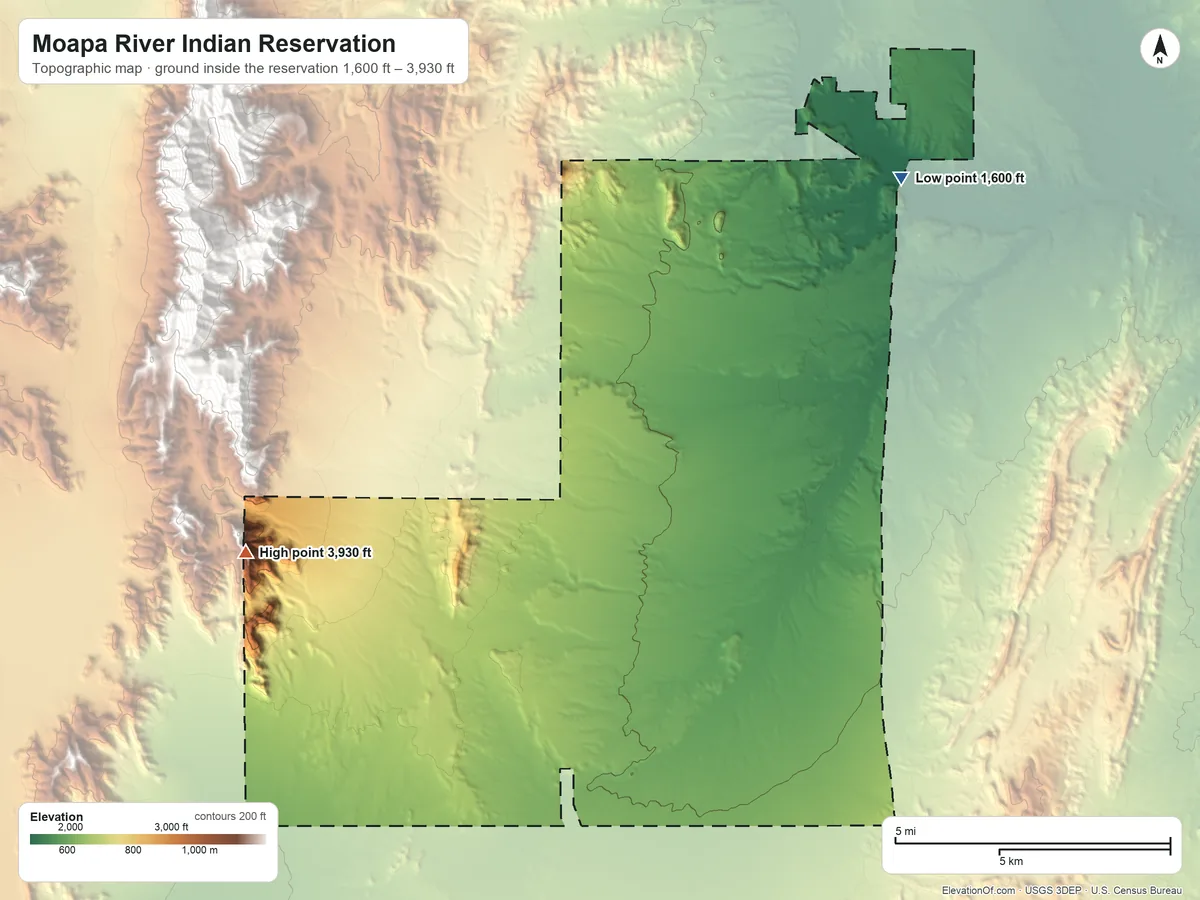 Topographic elevation map of Moapa River Indian Reservation, Nevada, shaded from 1,600 ft on the northeast side to 3,930 ft on the west side