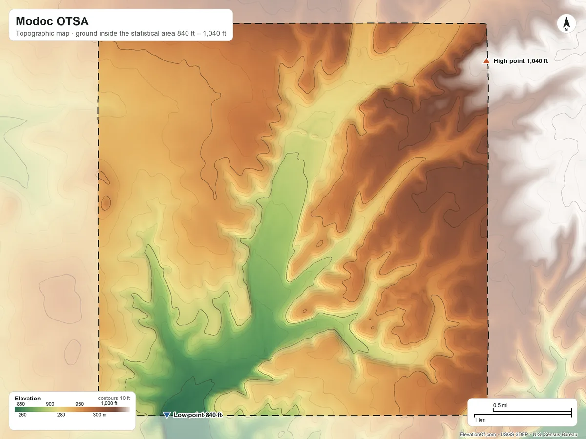 Topographic elevation map of Modoc OTSA, Oklahoma, shaded from 840 ft on the southwest side to 1,040 ft on the northeast side