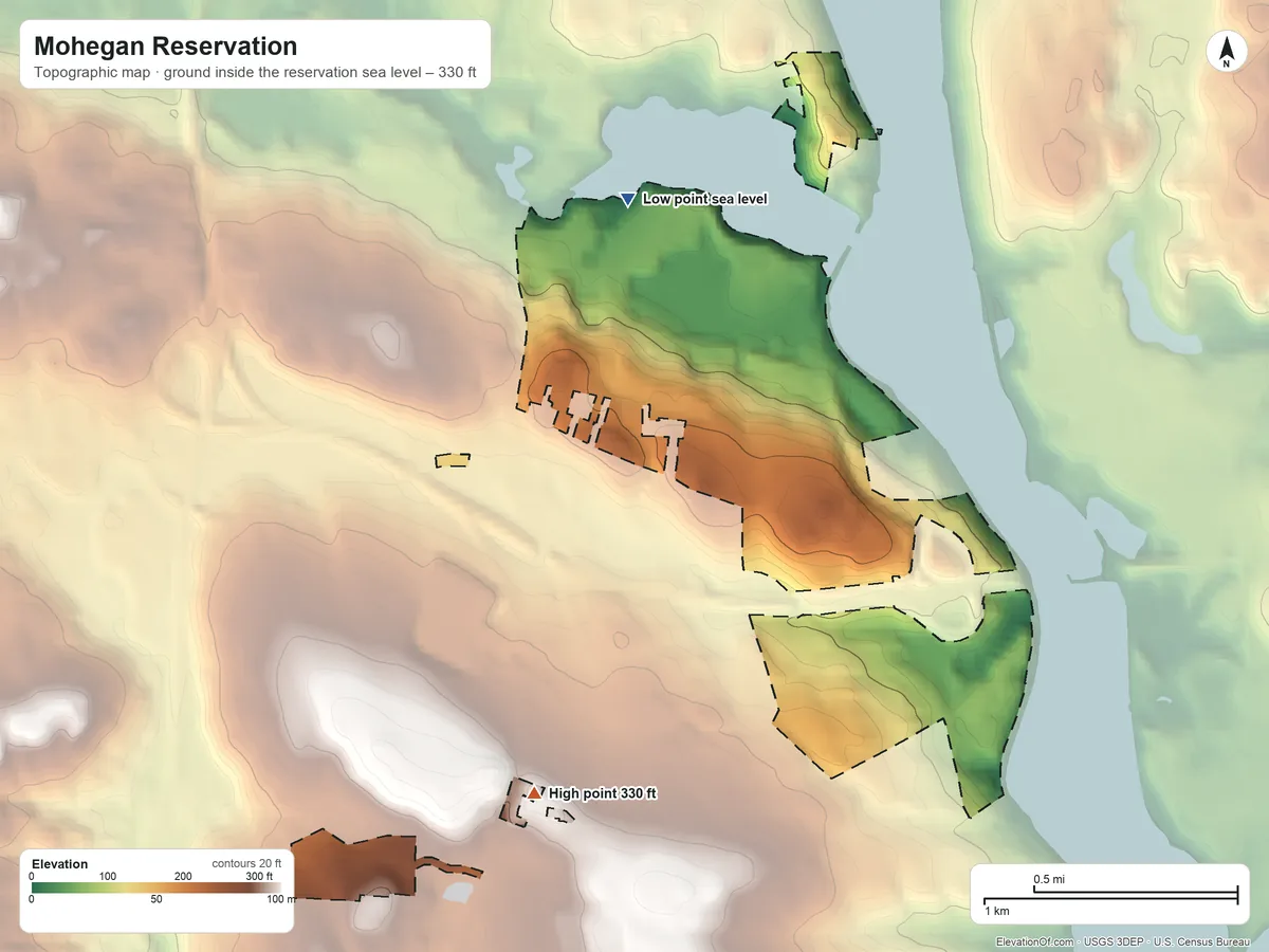 Topographic elevation map of Mohegan Reservation, Connecticut, shaded from sea level on the Trading Cove Pond to 330 ft on the south side