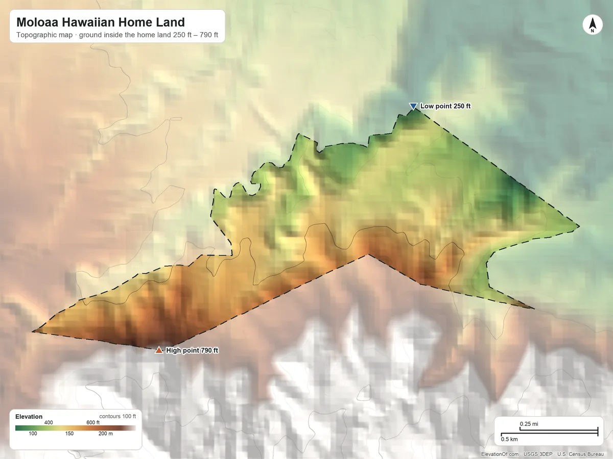 Topographic elevation map of Moloaa Hawaiian Home Land, Hawaii, shaded from 250 ft on the northeast side to 790 ft on the southwest side