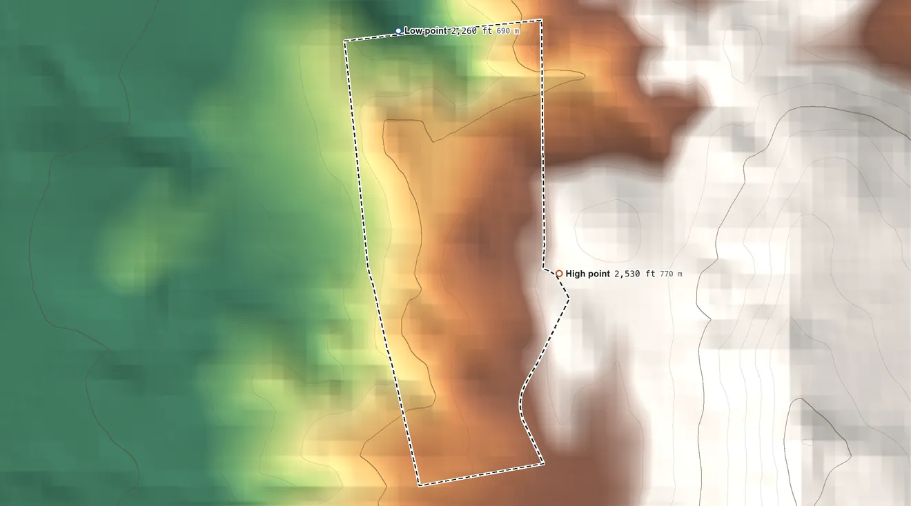 Topographic elevation map of Montgomery Creek Rancheria, California, shaded from 2,260 ft on the north side to 2,530 ft on the east side