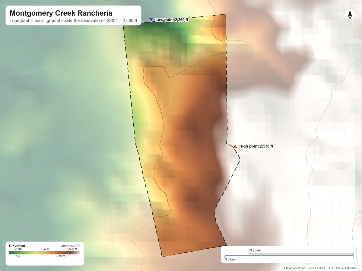 Topographic elevation map of Montgomery Creek Rancheria, California, shaded from 2,260 ft on the north side to 2,530 ft on the east side