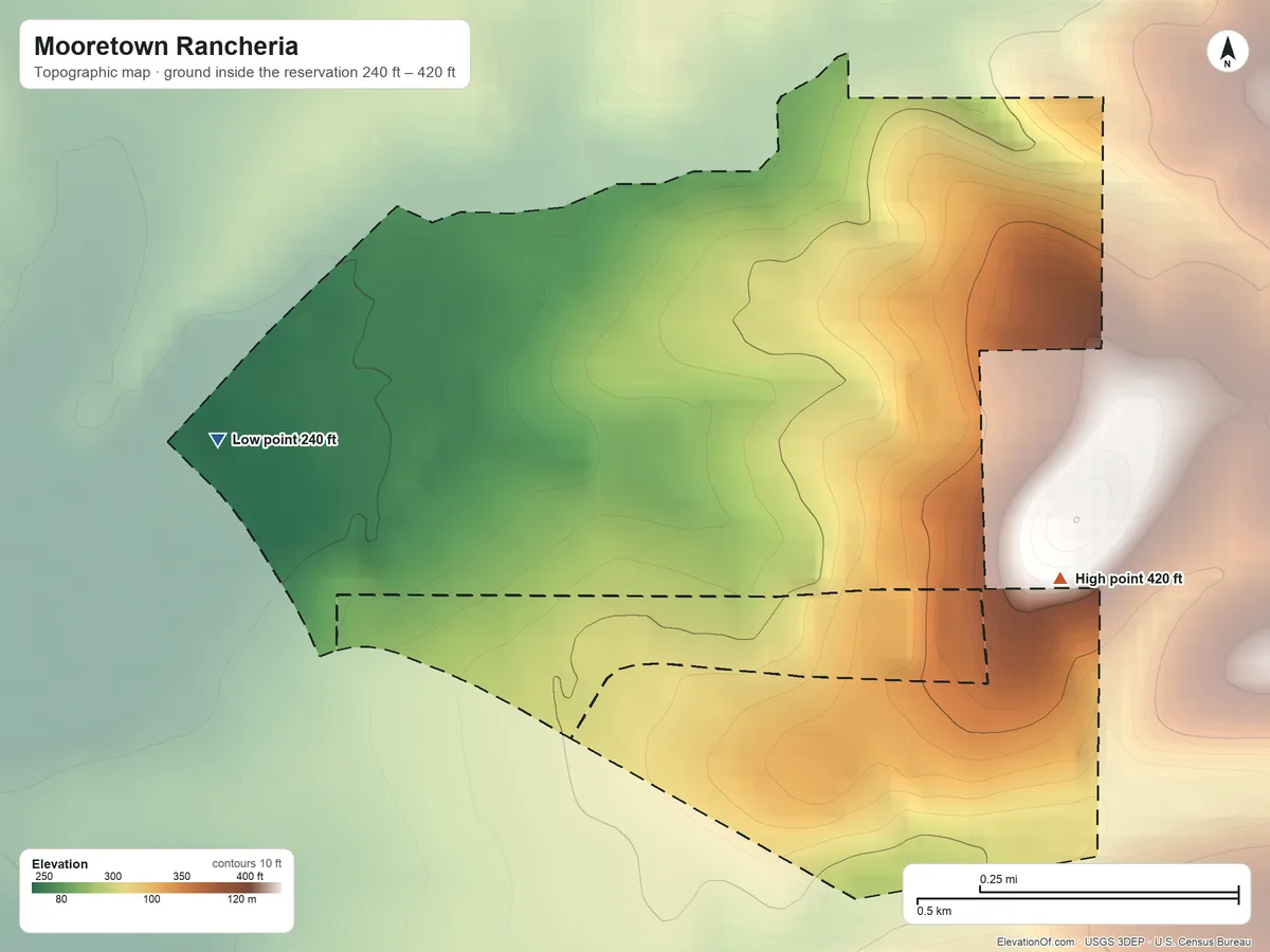 Topographic elevation map of Mooretown Rancheria, California, shaded from 240 ft on the west side to 420 ft on the east side
