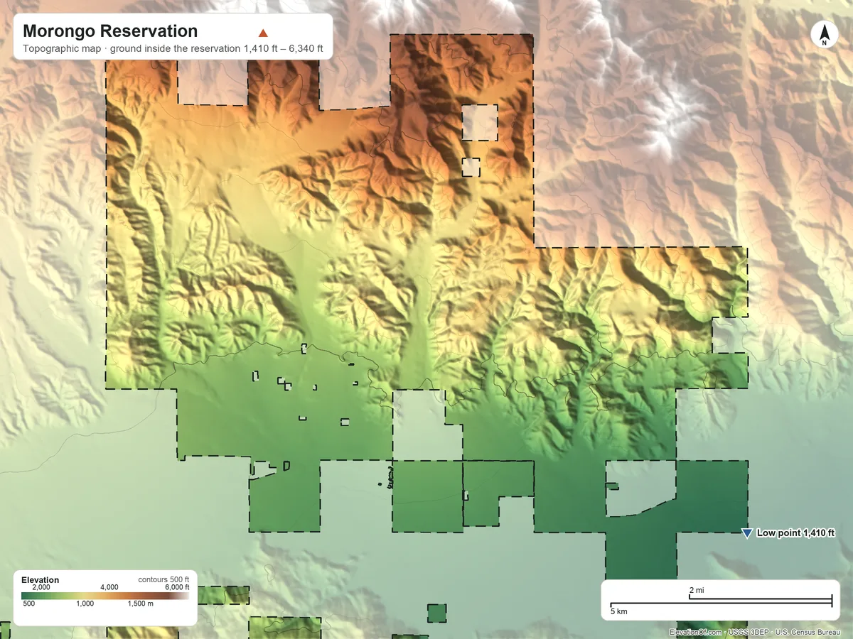 Topographic elevation map of Morongo Reservation, California, shaded from 1,410 ft on the southeast side to 6,340 ft on the northwest side