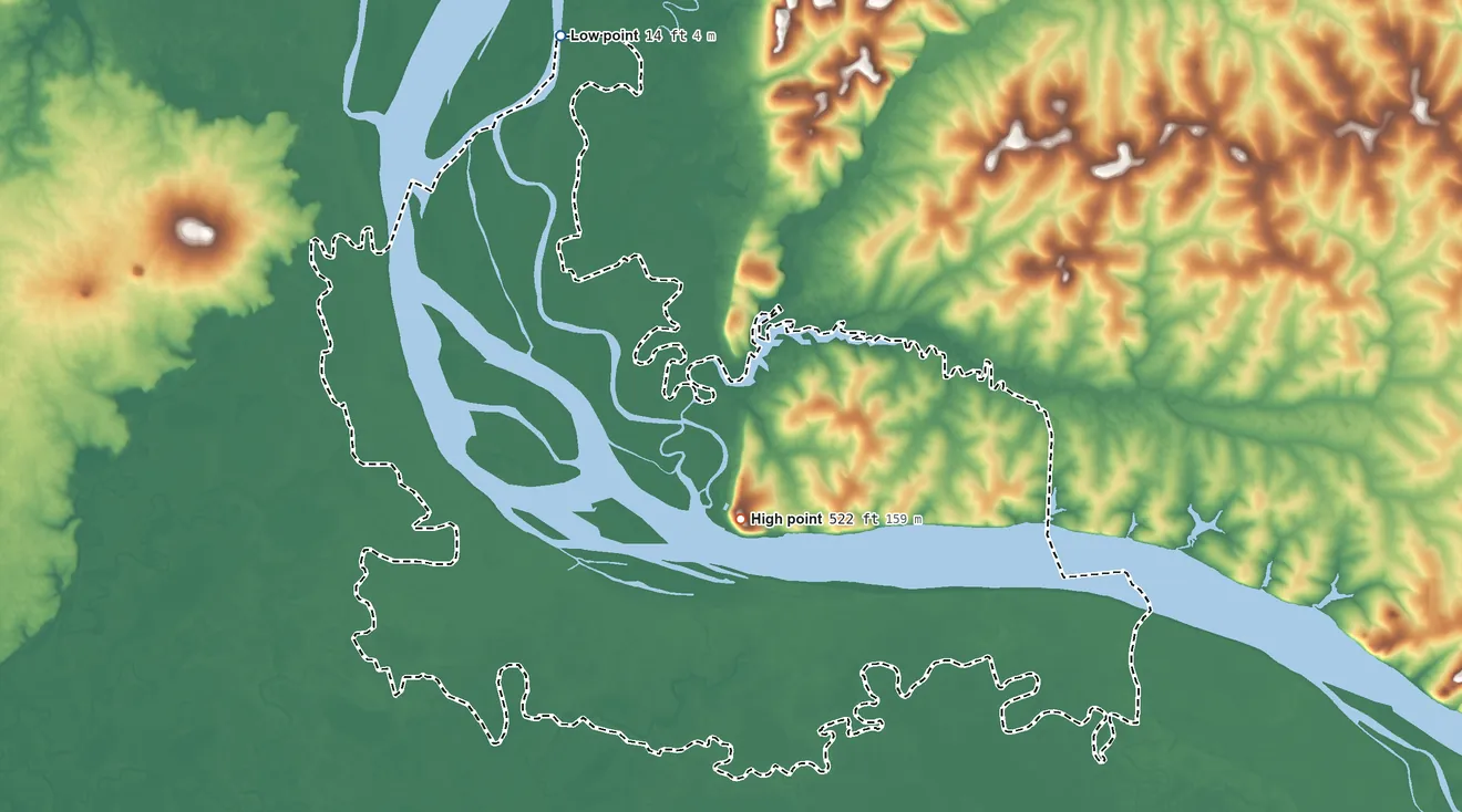 Topographic elevation map of Mountain Village ANVSA, Alaska, shaded from 14 ft on the northwest side to 522 ft on Azachorok Hill