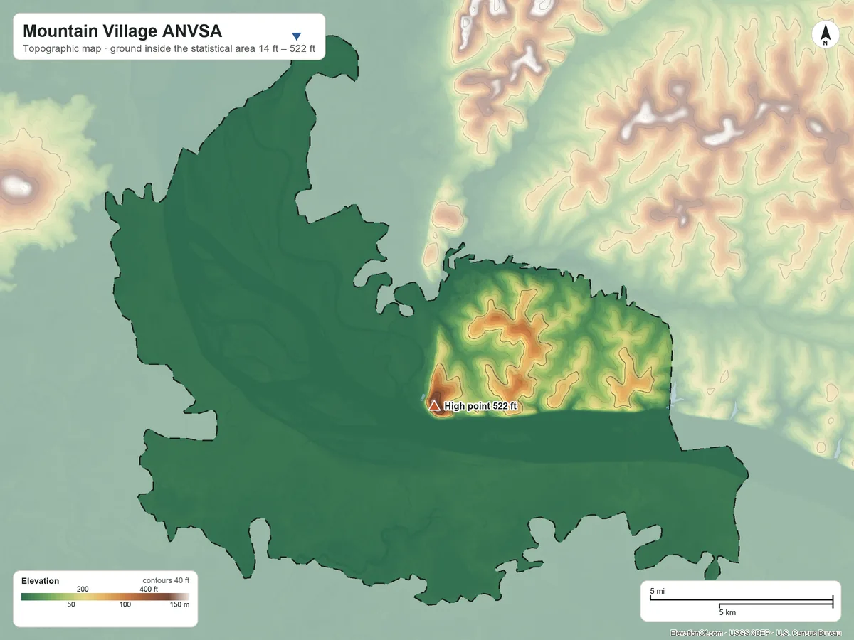 Topographic elevation map of Mountain Village ANVSA, Alaska, shaded from 14 ft on the northwest side to 522 ft on Azachorok Hill