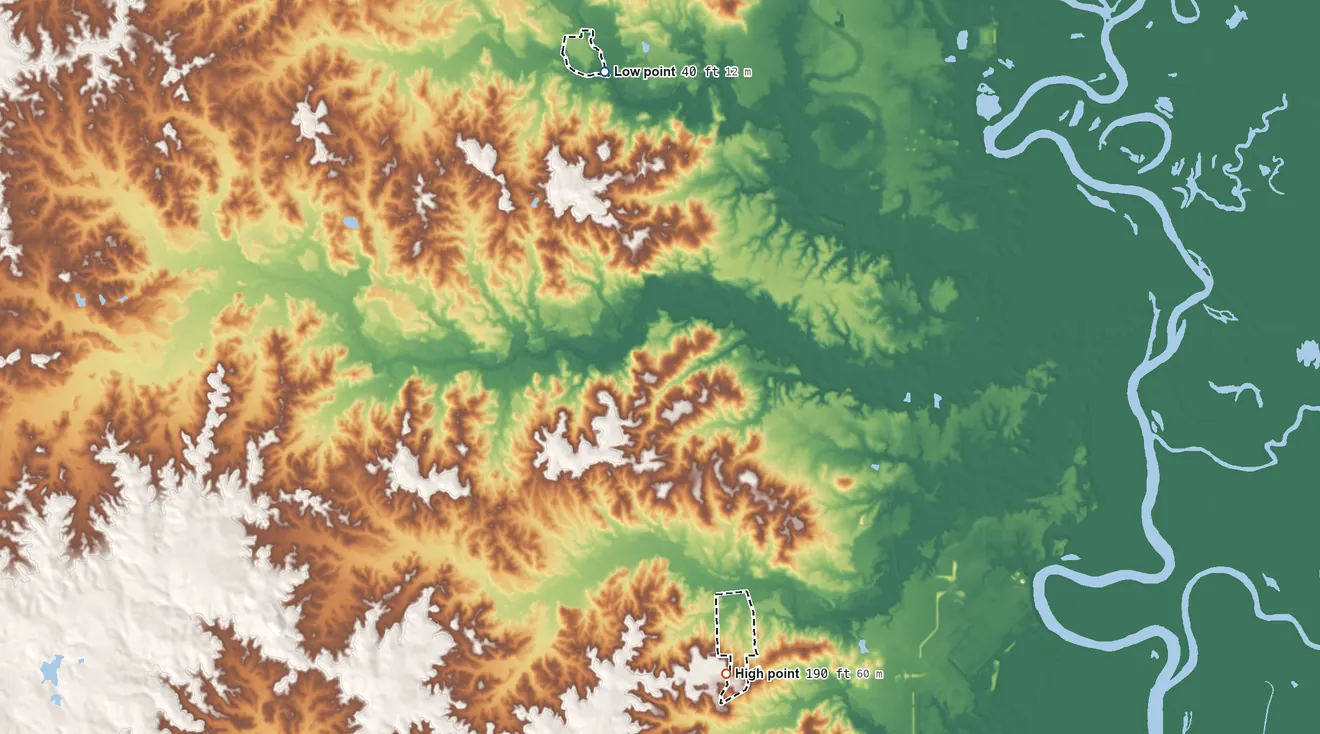 Topographic elevation map of MOWA Choctaw (state) Reservation, Alabama, shaded from 40 ft on the north side to 190 ft on the south side