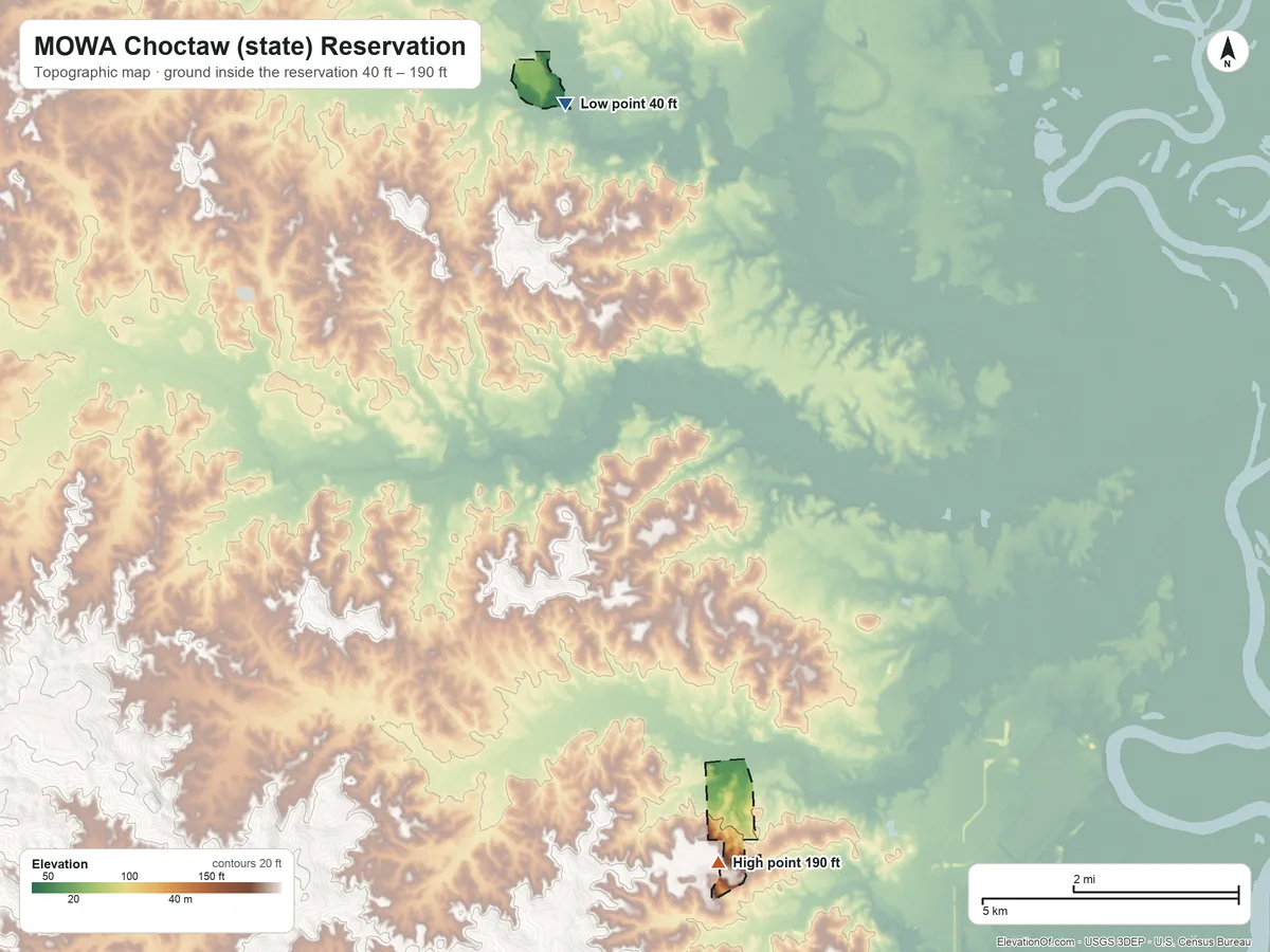 Topographic elevation map of MOWA Choctaw (state) Reservation, Alabama, shaded from 40 ft on the north side to 190 ft on the south side