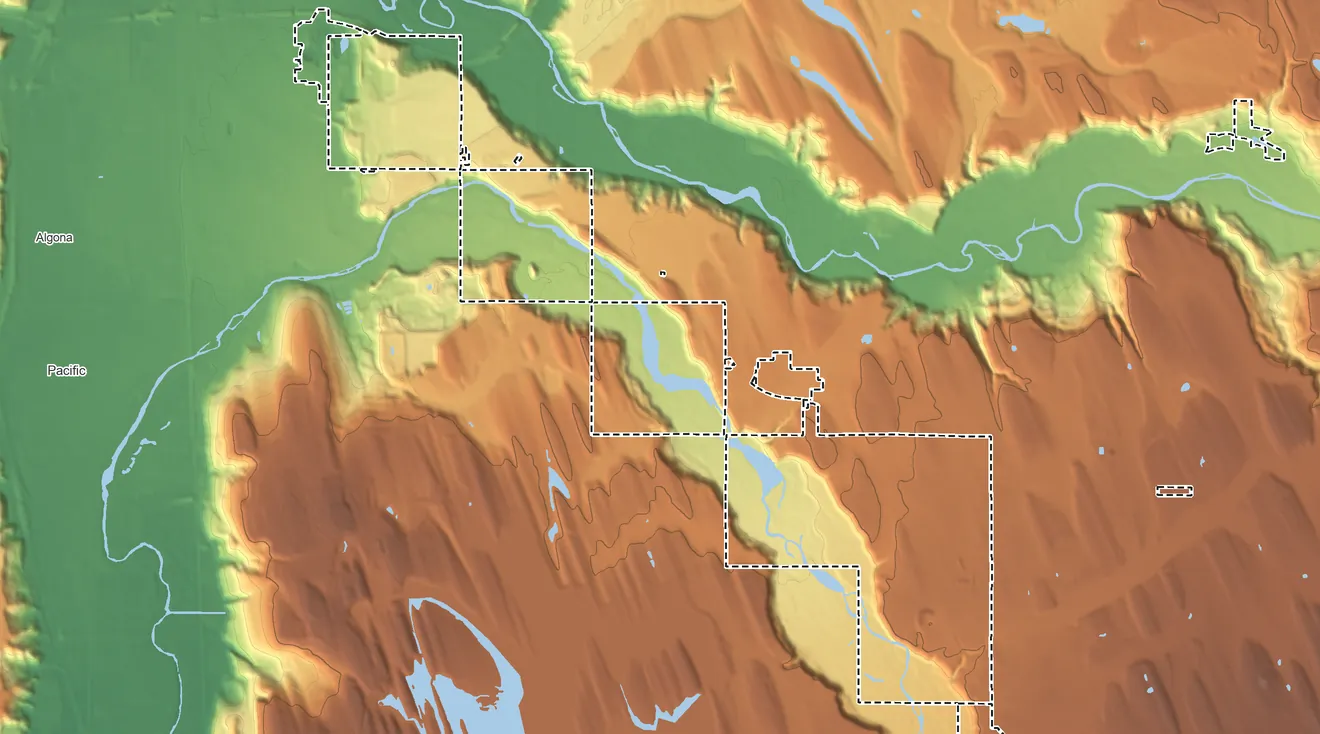 Topographic elevation map of Muckleshoot Reservation, Washington, shaded from 12 ft on the northwest side to 750 ft on the southeast side