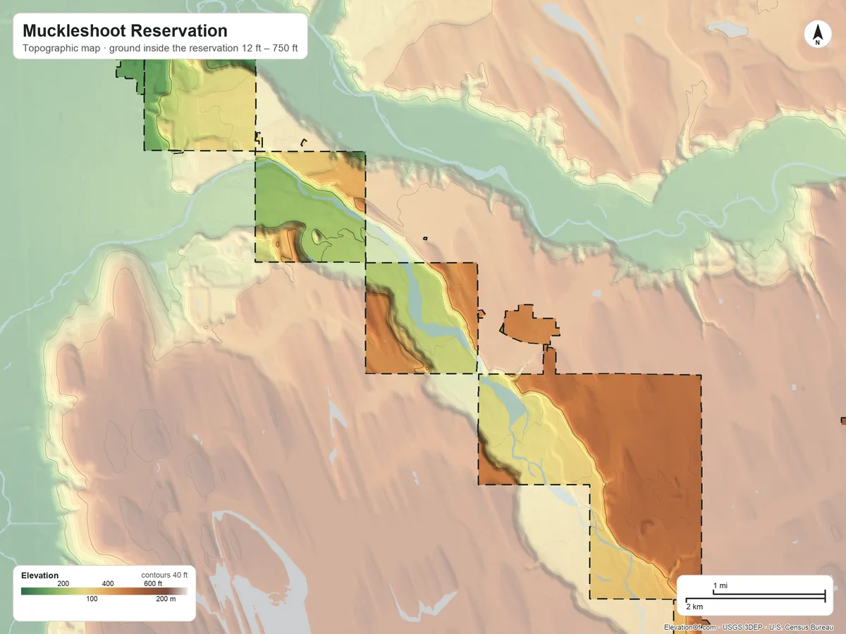 Topographic elevation map of Muckleshoot Reservation, Washington, shaded from 12 ft on the northwest side to 750 ft on the southeast side