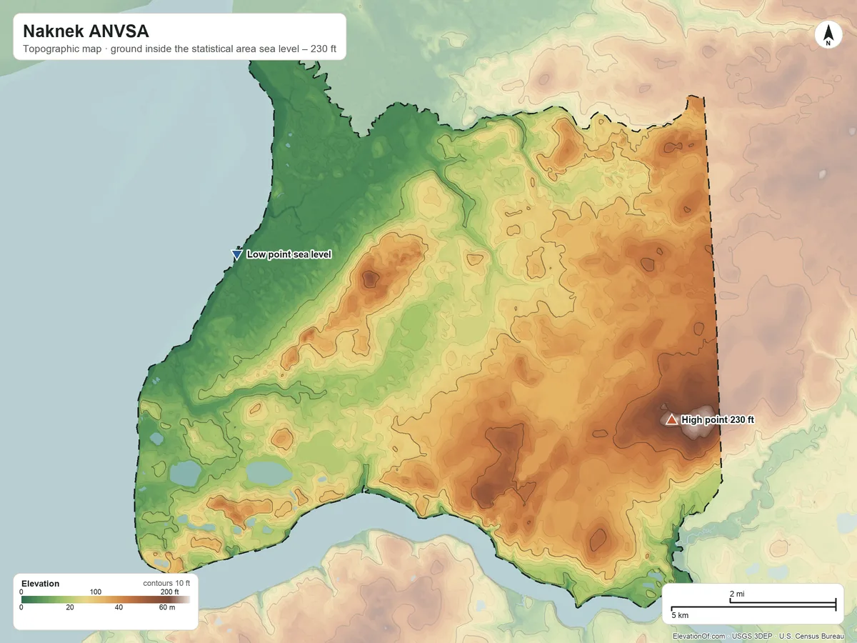 Topographic elevation map of Naknek ANVSA, Alaska, shaded from sea level on Kvichak Bay to 230 ft on the east side