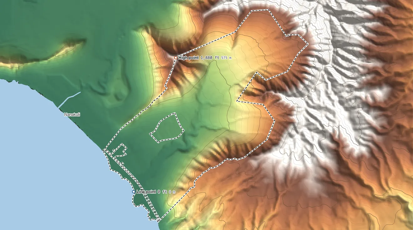 Topographic elevation map of Nanakuli Hawaiian Home Land, Hawaii, shaded from sea level on the Pacific Ocean to 1,880 ft on Puʻuheleakalā