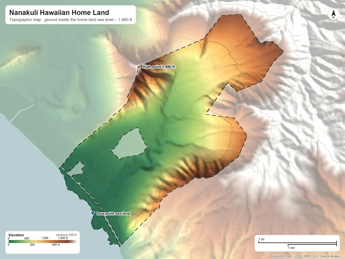 Topographic elevation map of Nanakuli Hawaiian Home Land, Hawaii, shaded from sea level on the Pacific Ocean to 1,880 ft on Puʻuheleakalā