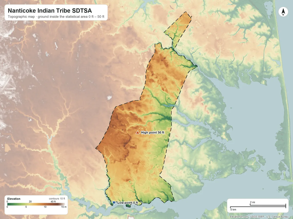Topographic elevation map of Nanticoke Indian Tribe SDTSA, Delaware, shaded from 0 ft on the south side to 50 ft on the south side