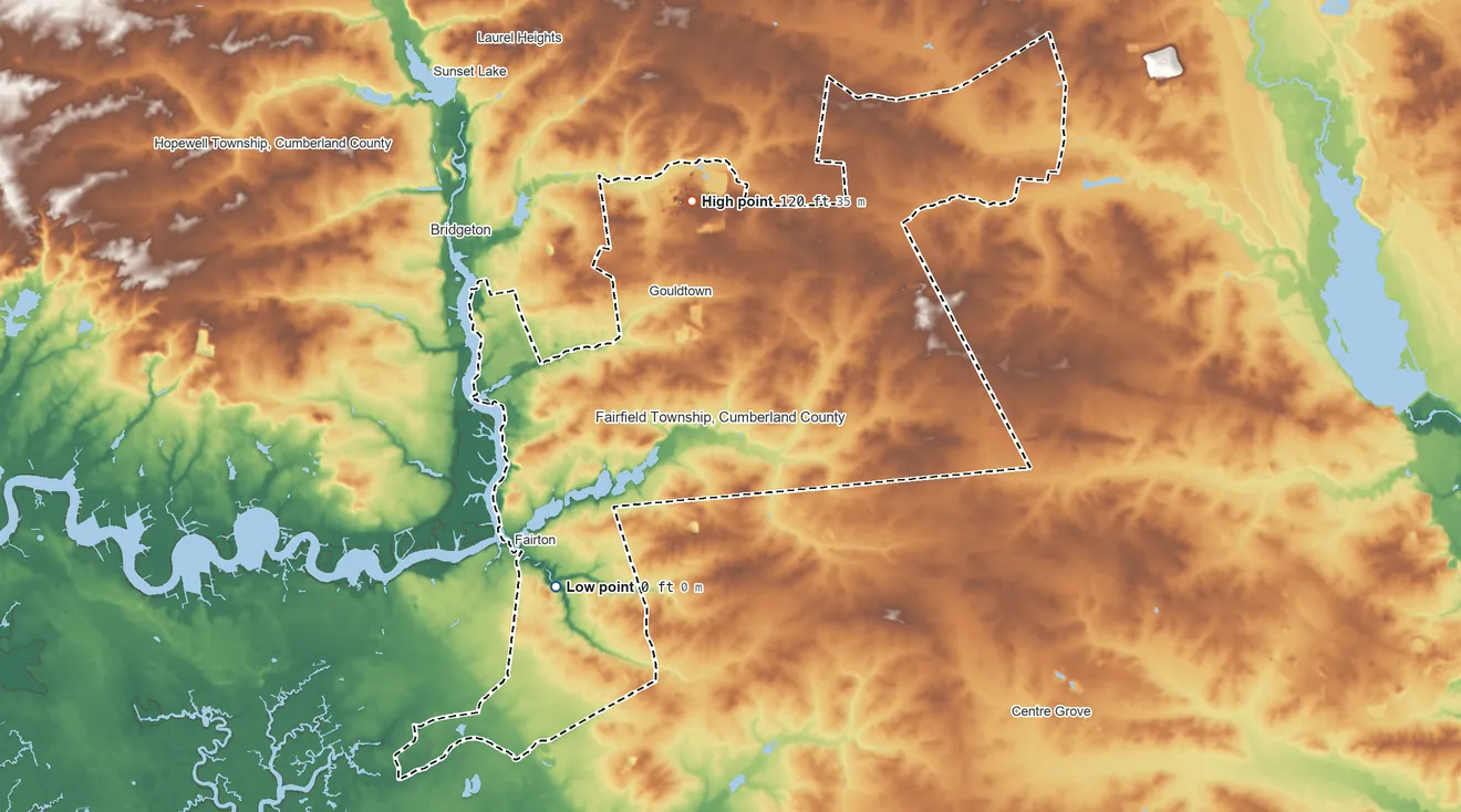 Topographic elevation map of Nanticoke Lenni Lenape SDTSA, New Jersey, shaded from 0 ft on the southwest side to 120 ft on the north side