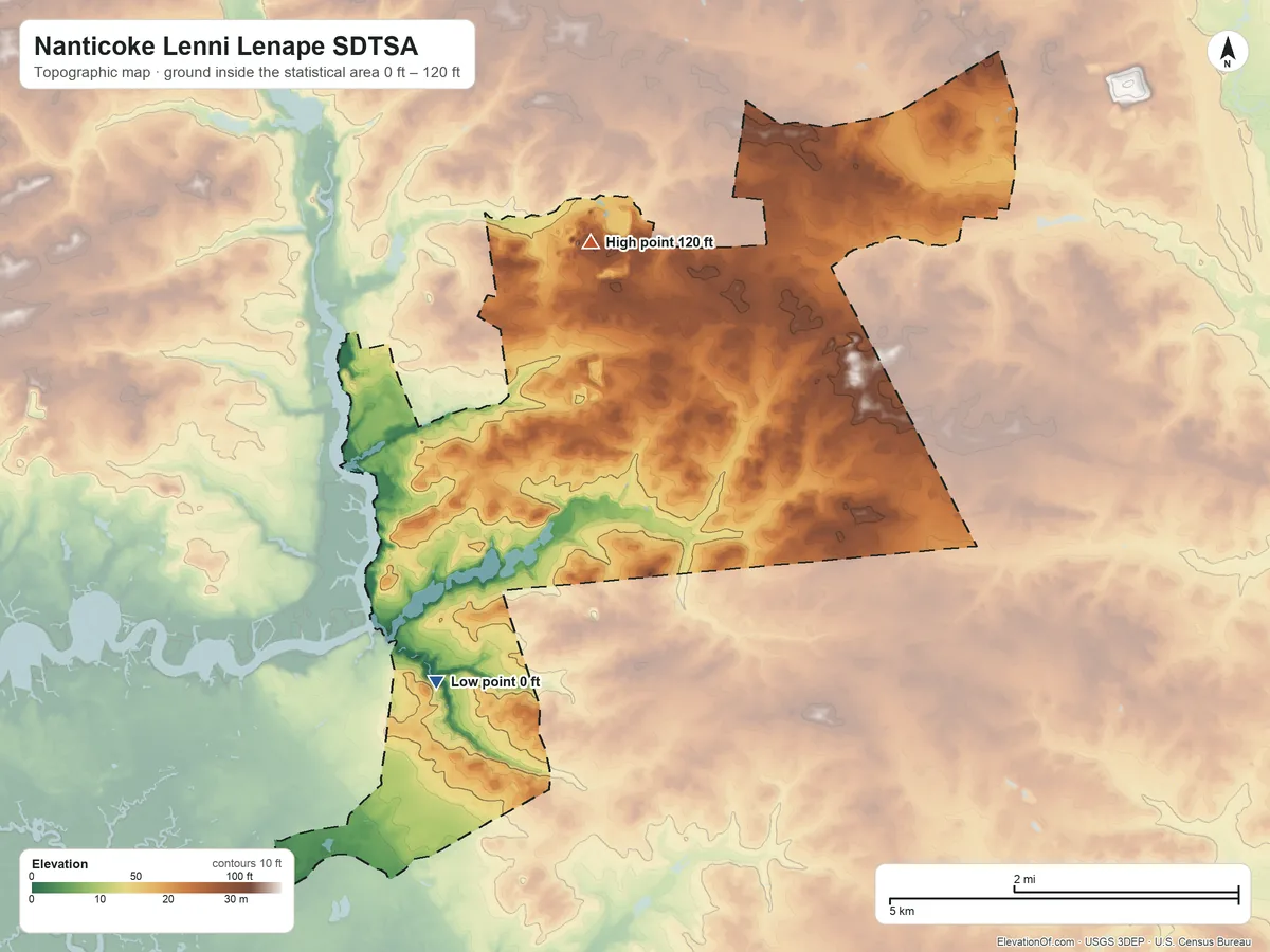 Topographic elevation map of Nanticoke Lenni Lenape SDTSA, New Jersey, shaded from 0 ft on the southwest side to 120 ft on the north side