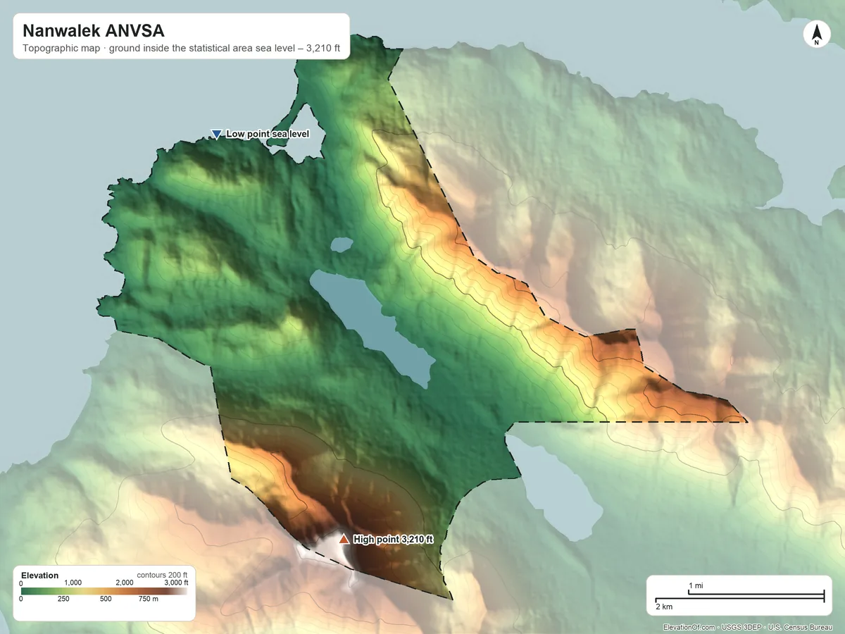 Topographic elevation map of Nanwalek ANVSA, Alaska, shaded from sea level on English Bay to 3,210 ft on Mount Bede