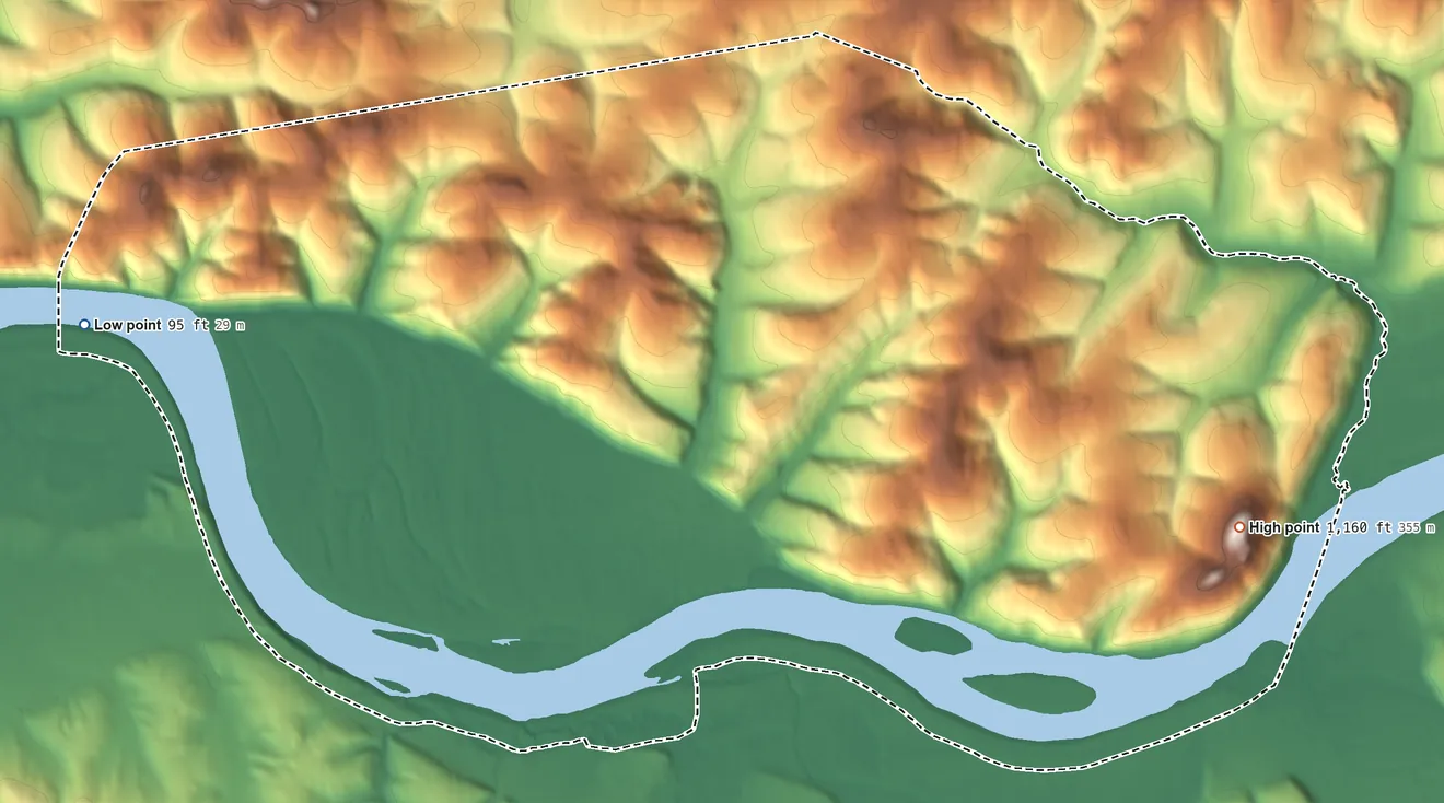 Topographic elevation map of Napaimute ANVSA, Alaska, shaded from 95 ft on the west side to 1,160 ft on the east side