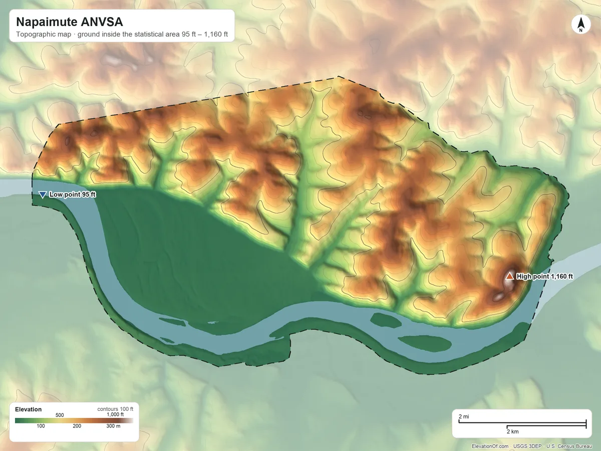 Topographic elevation map of Napaimute ANVSA, Alaska, shaded from 95 ft on the west side to 1,160 ft on the east side