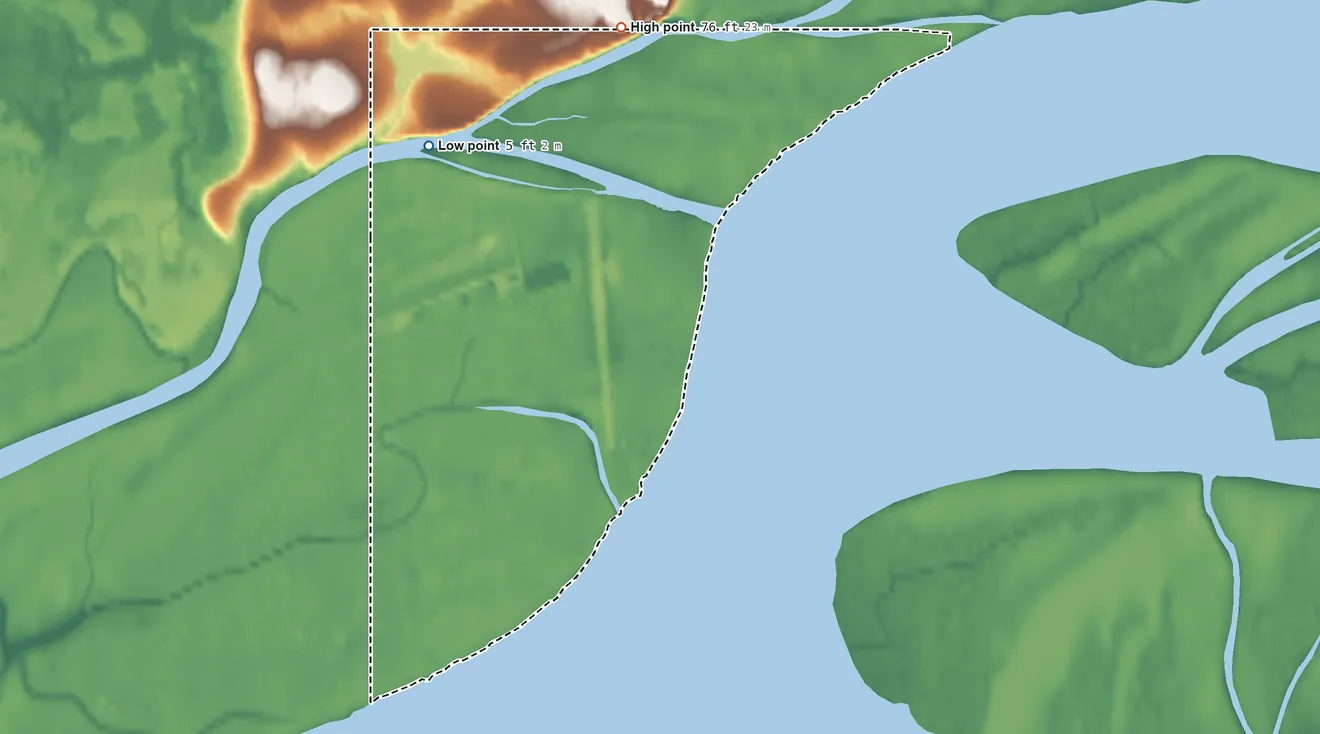 Topographic elevation map of Napakiak ANVSA, Alaska, shaded from 5 ft on the northwest side to 76 ft on the north side