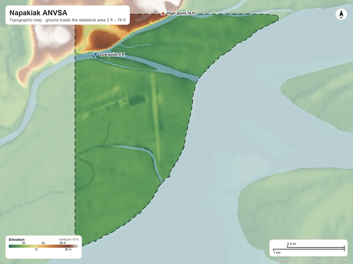 Topographic elevation map of Napakiak ANVSA, Alaska, shaded from 5 ft on the northwest side to 76 ft on the north side