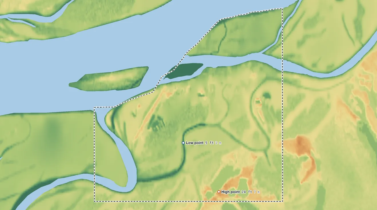 Topographic elevation map of Napaskiak ANVSA, Alaska, shaded from 5 ft on the south side to 24 ft on the south side