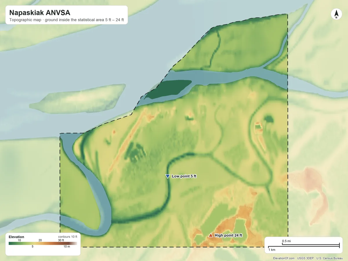 Topographic elevation map of Napaskiak ANVSA, Alaska, shaded from 5 ft on the south side to 24 ft on the south side