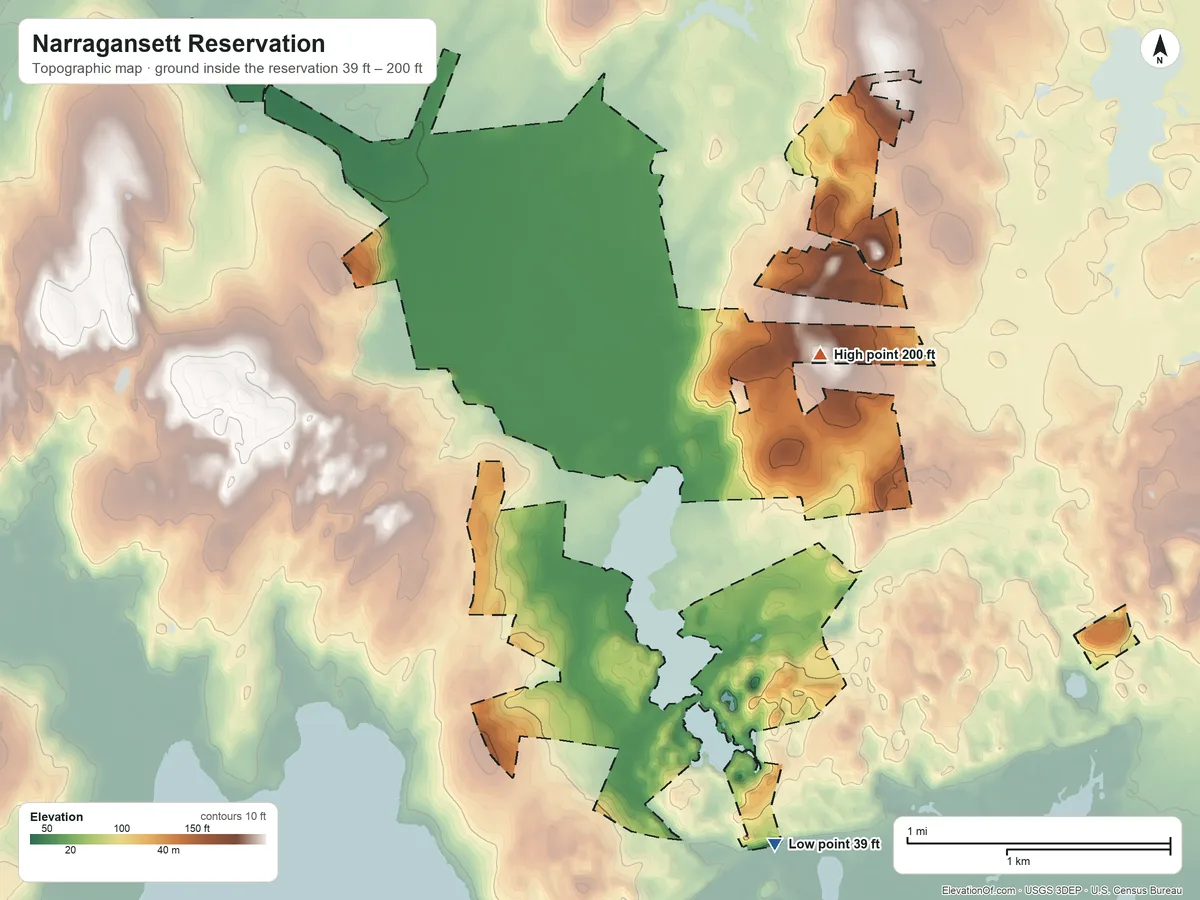 Topographic elevation map of Narragansett Reservation, Rhode Island, shaded from 39 ft on the southeast side to 200 ft on the northeast side