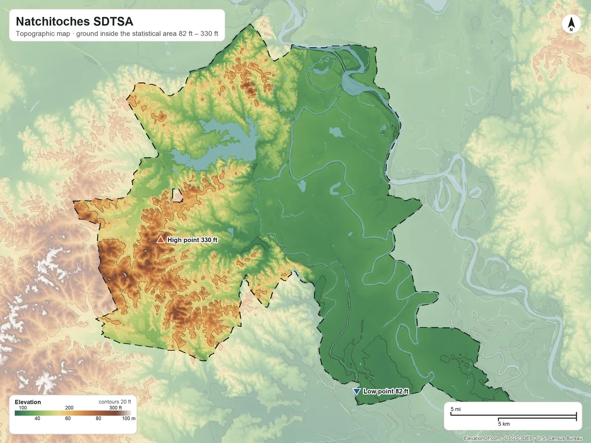 Topographic elevation map of Natchitoches SDTSA, Louisiana, shaded from 82 ft on the south side to 330 ft on the west side