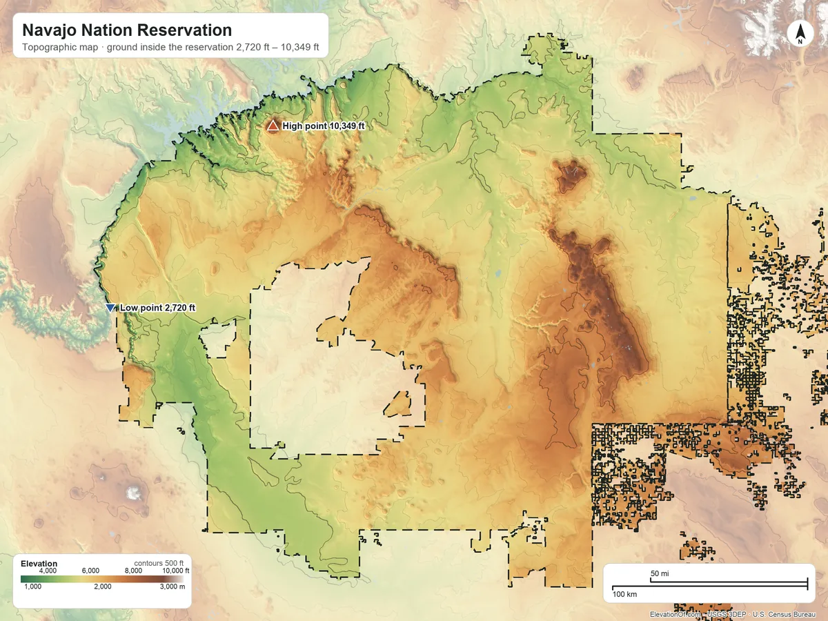 Topographic elevation map of Navajo Nation Reservation, Arizona, shaded from 2,720 ft on the west side to 10,349 ft on Navajo Mountain