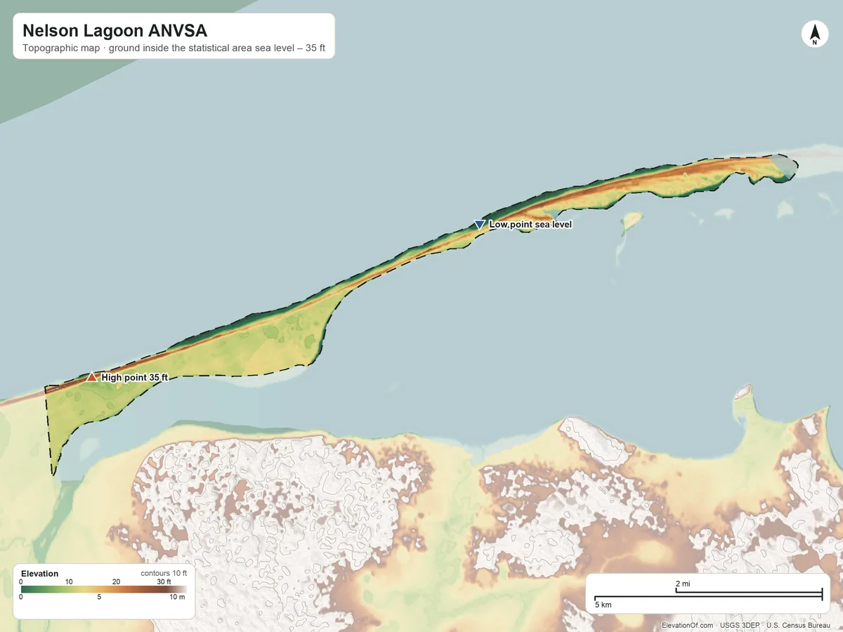 Topographic elevation map of Nelson Lagoon ANVSA, Alaska, shaded from sea level on Bristol Bay to 35 ft on the west side