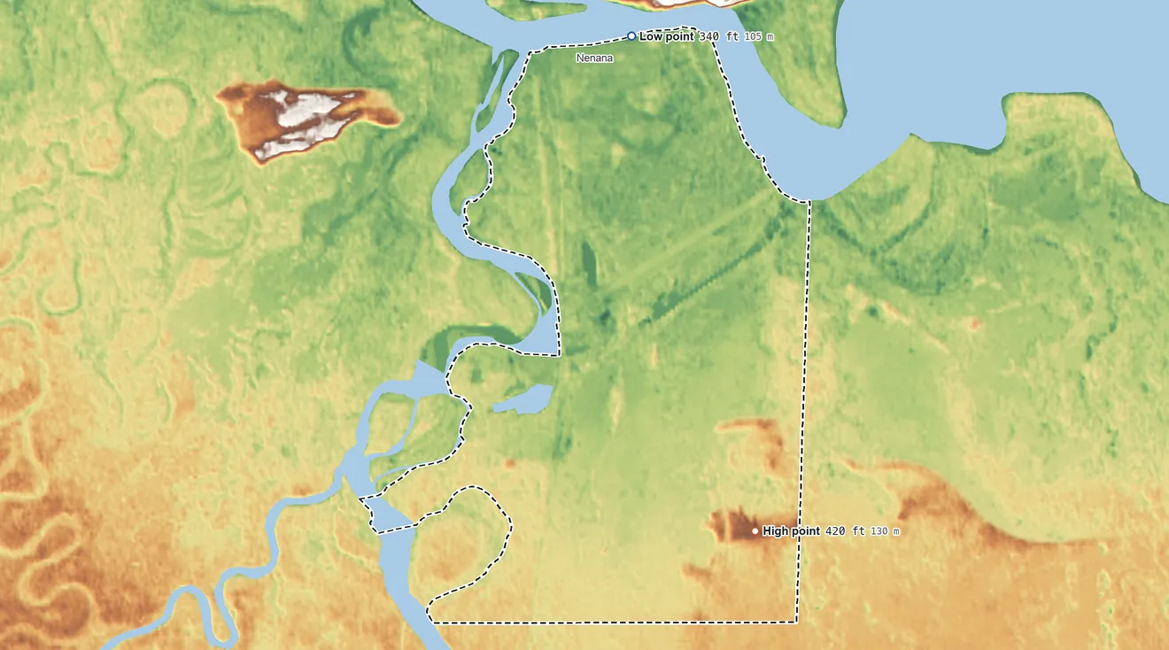 Topographic elevation map of Nenana ANVSA, Alaska, shaded from 340 ft on the north side to 420 ft on the southeast side