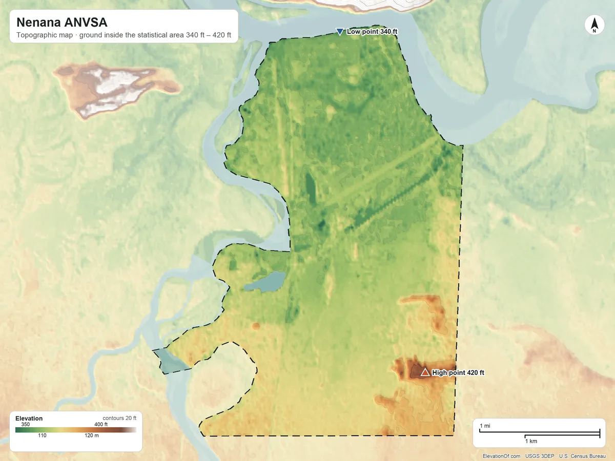 Topographic elevation map of Nenana ANVSA, Alaska, shaded from 340 ft on the north side to 420 ft on the southeast side