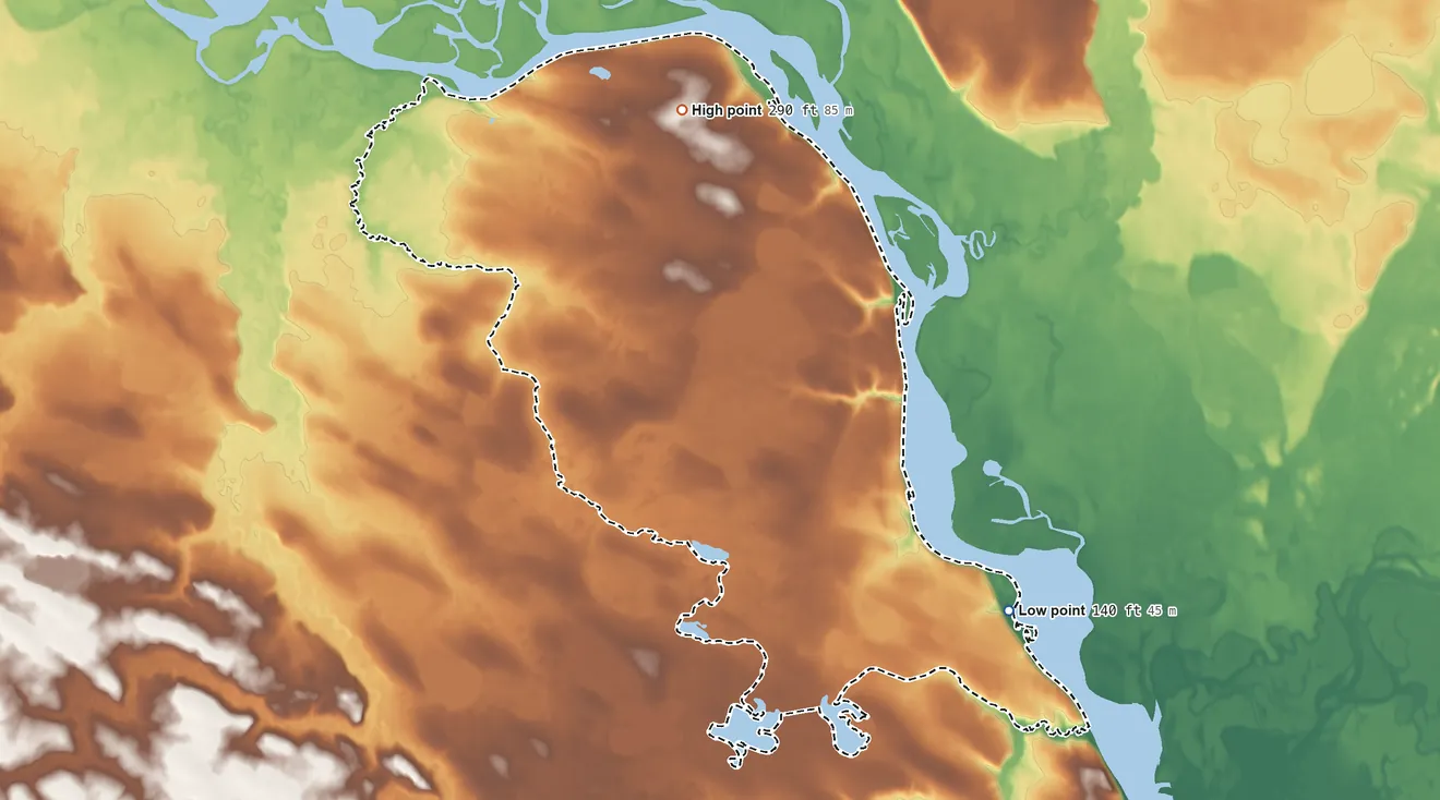 Topographic elevation map of New Koliganek ANVSA, Alaska, shaded from 140 ft on the southeast side to 290 ft on the north side