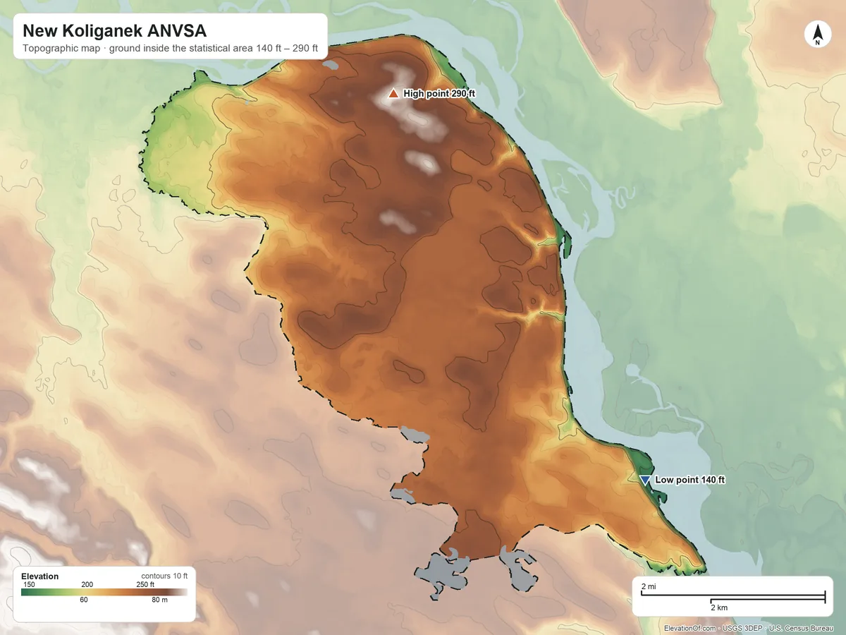 Topographic elevation map of New Koliganek ANVSA, Alaska, shaded from 140 ft on the southeast side to 290 ft on the north side