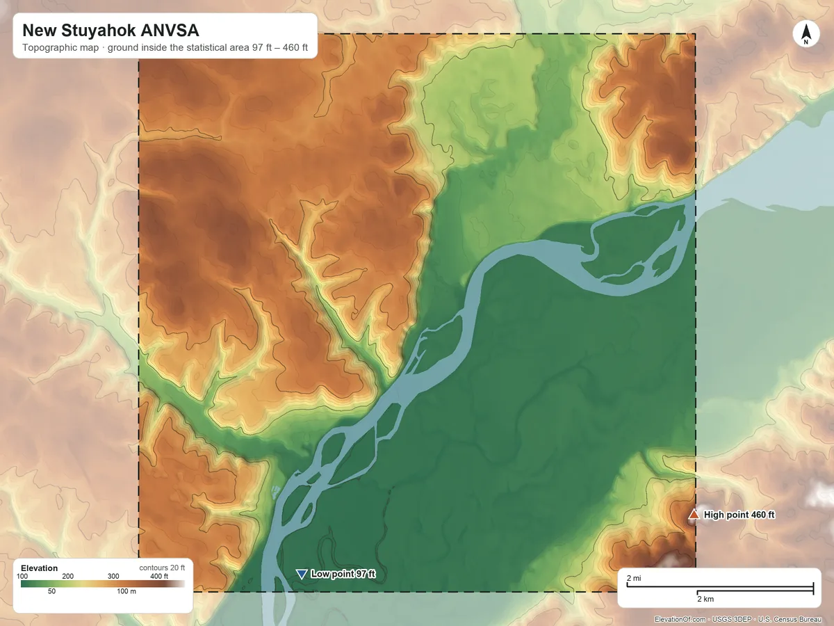 Topographic elevation map of New Stuyahok ANVSA, Alaska, shaded from 97 ft on the southwest side to 460 ft on the southeast side