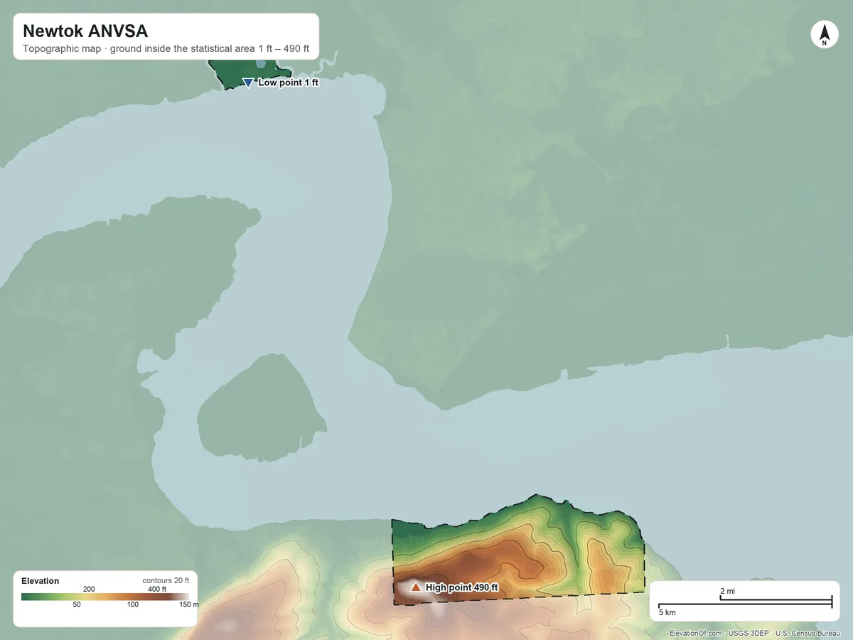 Topographic elevation map of Newtok ANVSA, Alaska, shaded from 1 ft on the northwest side to 490 ft on the south side